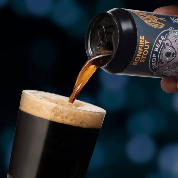 Drop Bear's Non Alcoholic Bonfire Stout being poured into a glass,